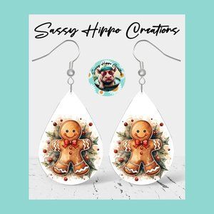 Earrings Gingerbread Man Holly Berries Christmas Holiday Season Hand Sublimated